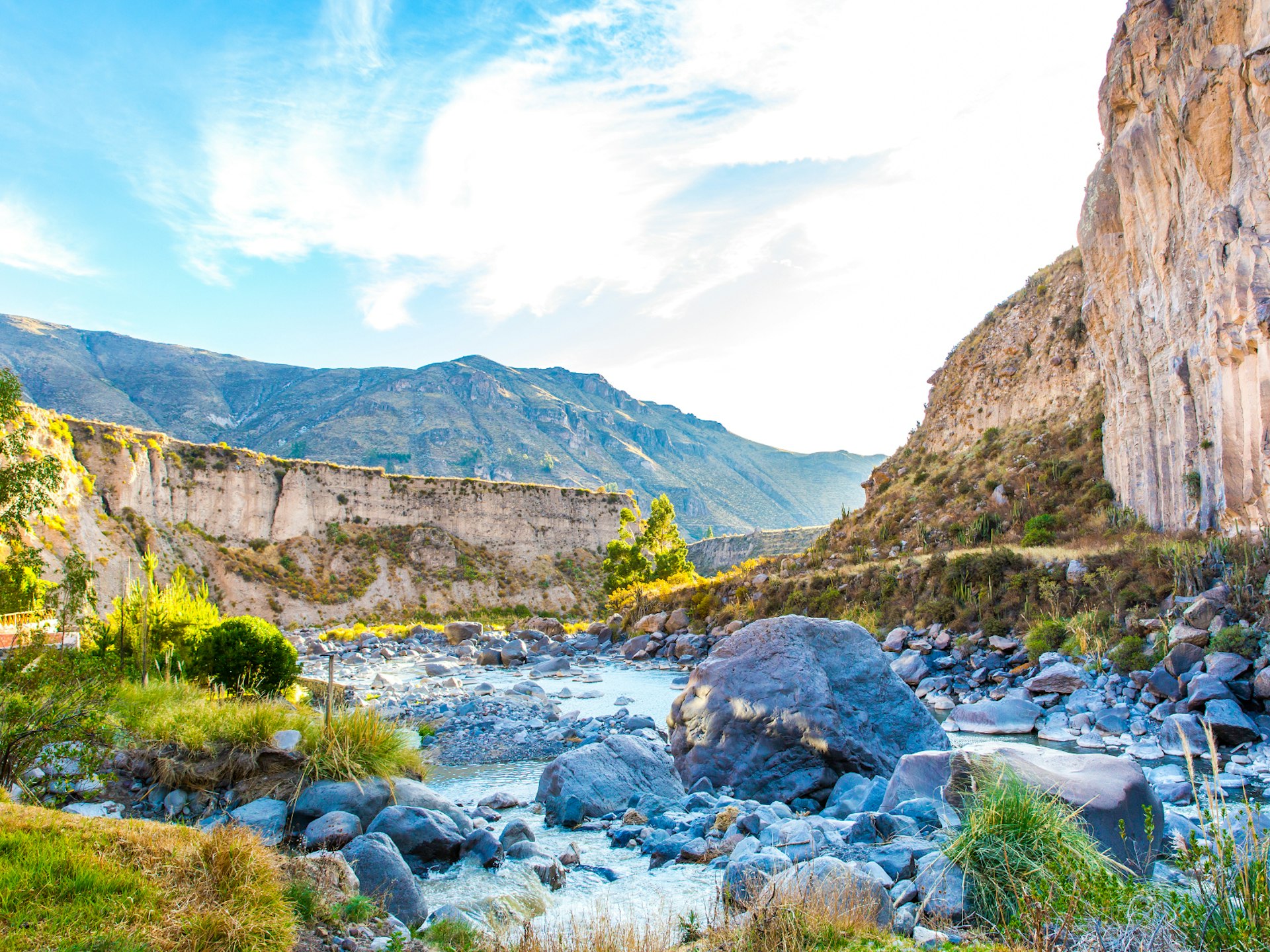 A mountain view from the bottom of the Colca Canyon