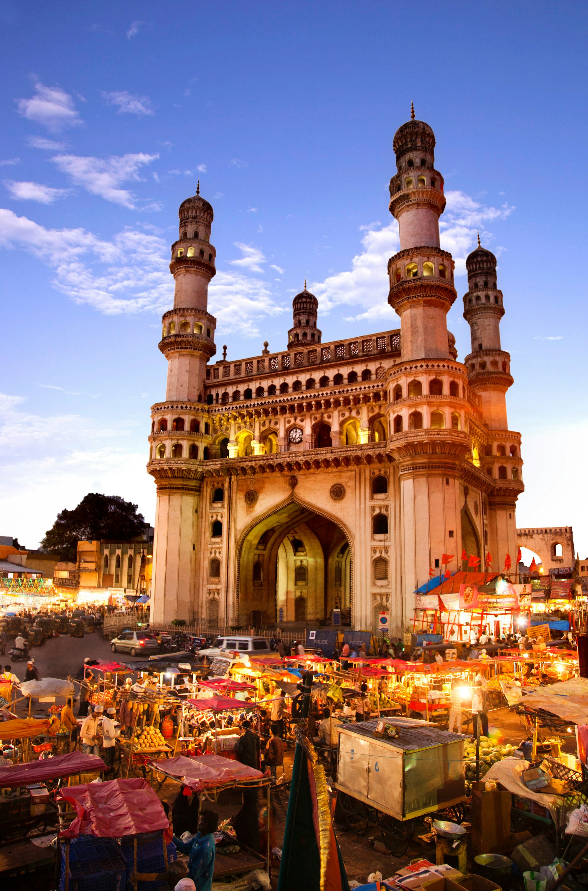 Market stalls surrounding the Charminar in Hyderabad's old city 