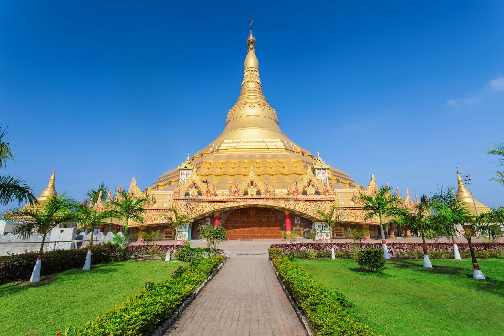 The golden spire of the Global Pagoda in Mumbai 