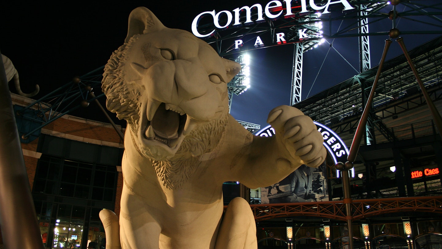 Detroit Tiger statue in front of Comerica Park in Detroit