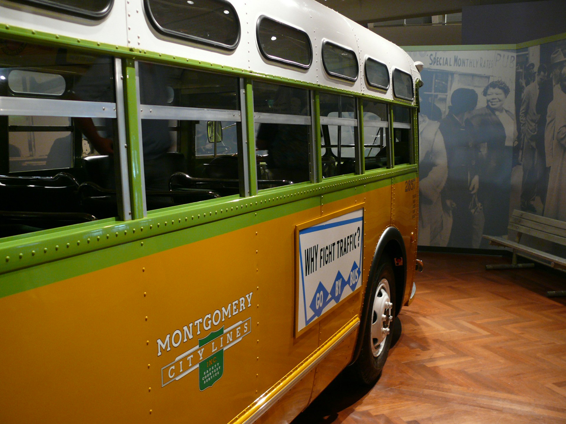 green and orange Montgomery city bus ridden by Rosa Parks