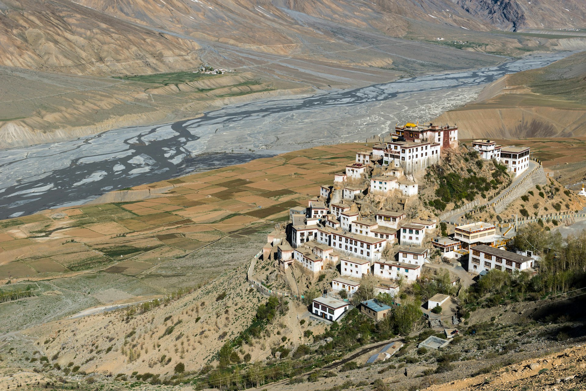The monastery of Ki rising above the valley of the Indus River. 