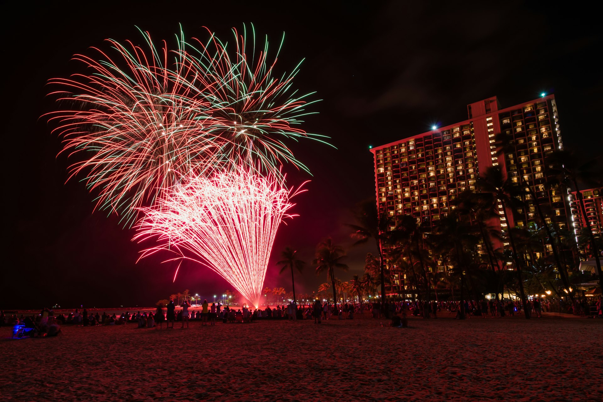 Waikiki fireworks on the beach.