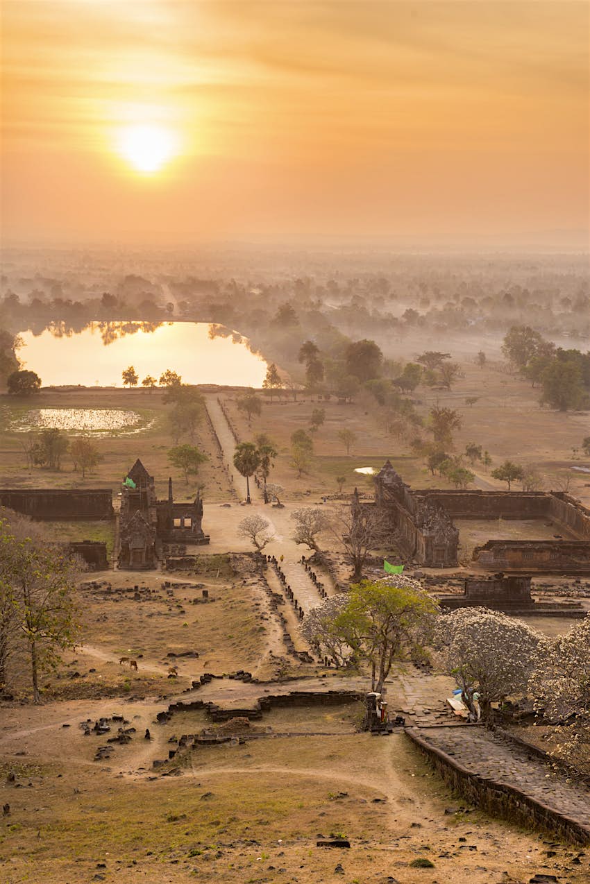 Features - Vat Phou Temple, at sunrise, Champasak Province, Laos The stairway to the upper temple at Wat Phu