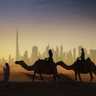 Features - Tourists on camels watching a futuristic city