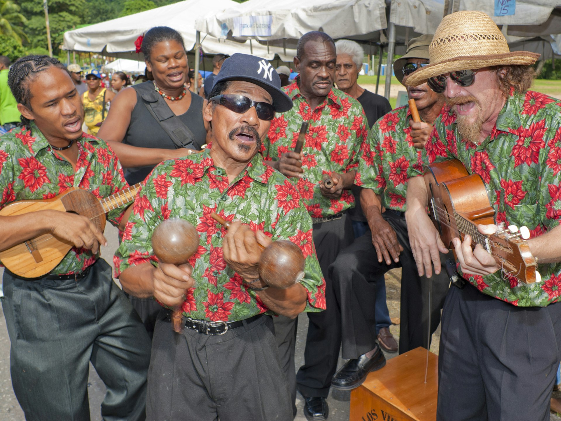 Six musicians play traditional parang music in Trinidad 