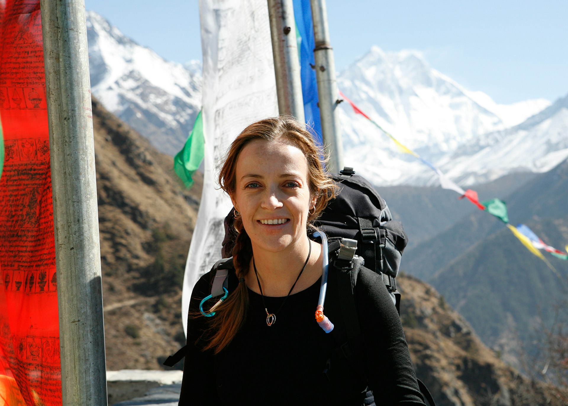 Film director Jennifer Peedom with a backdrop of snow-covered Himalayan mountains @ Jennifer Peedom