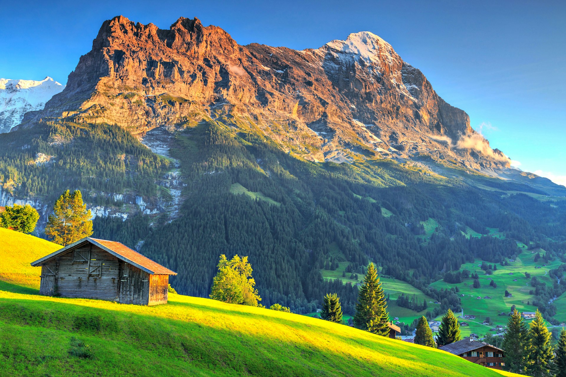 A mountainside hut in front of the Eiger peak in Bernese Oberland, Switzerland