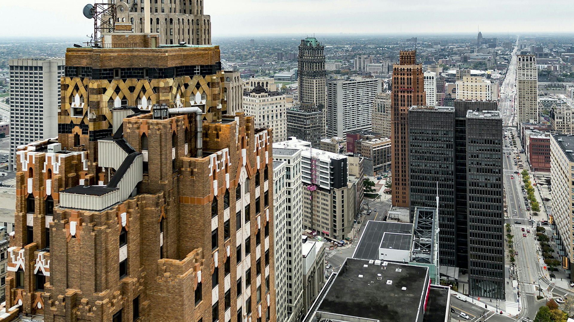 view from behind the Guardian Building in Downtown Detroit