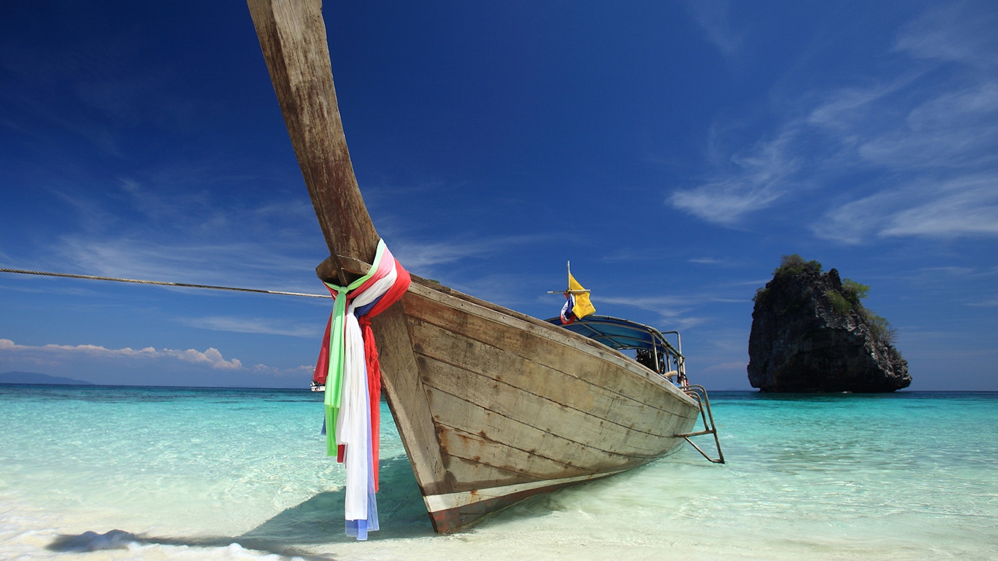 A longtail boat in the Andaman Sea, Trang Province, Thailand
