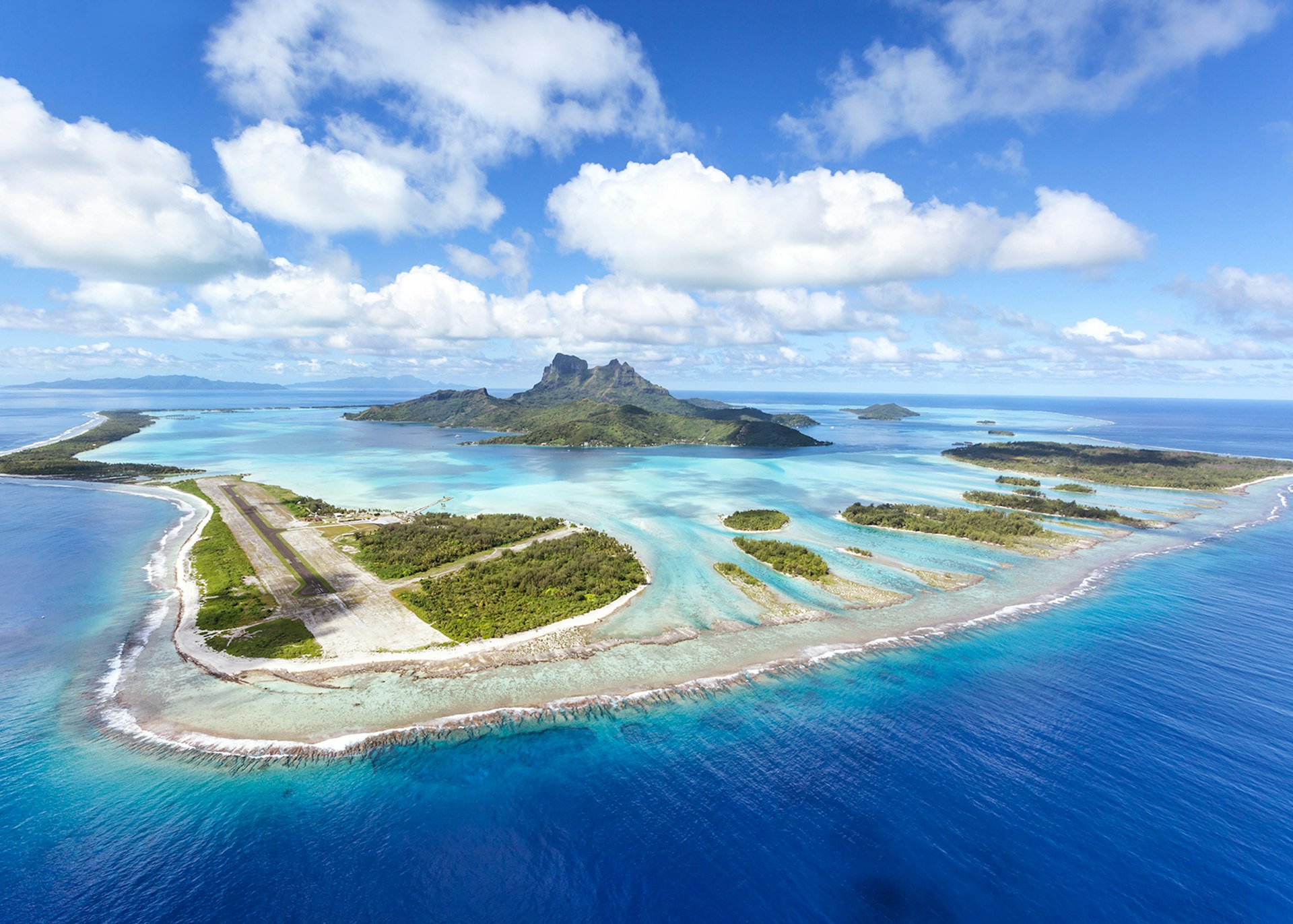 An aerial view of Bora Bora, French Polynesia