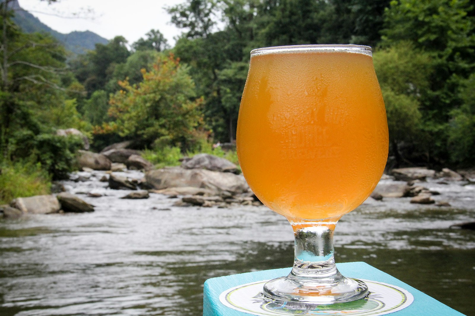 a beer over the Rocky Broad River in Hickory Nut Gorge