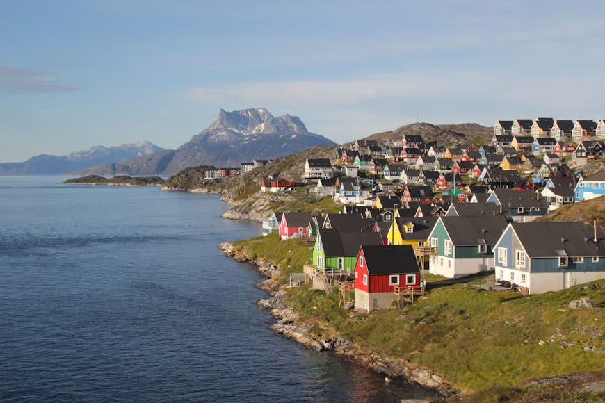 View over the brightly-coloured wooden houses of the Myggedalen neighbourhood of Nuuk.