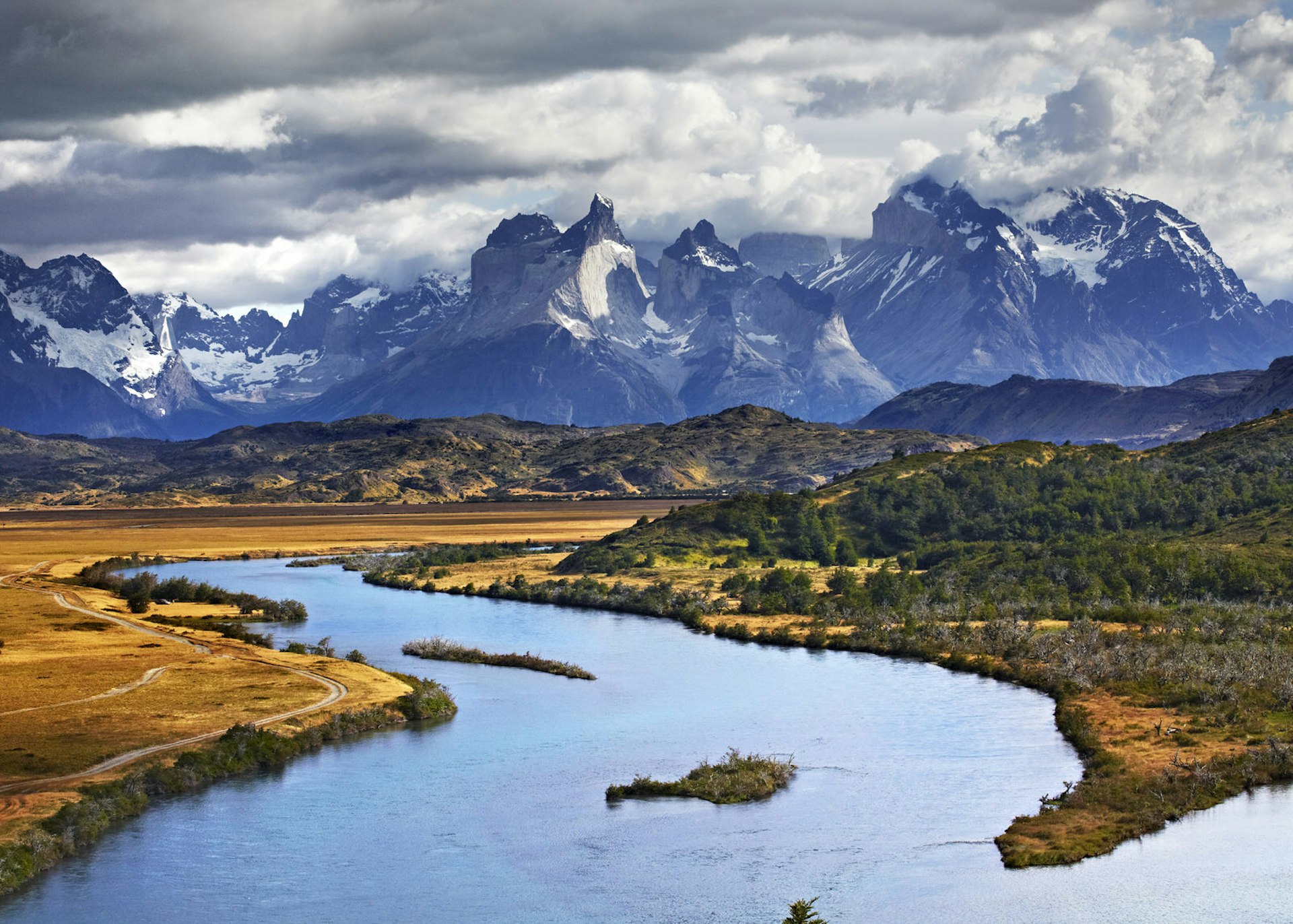 Paine River and snow-capped Paine Massif, Chilean Patagonia.