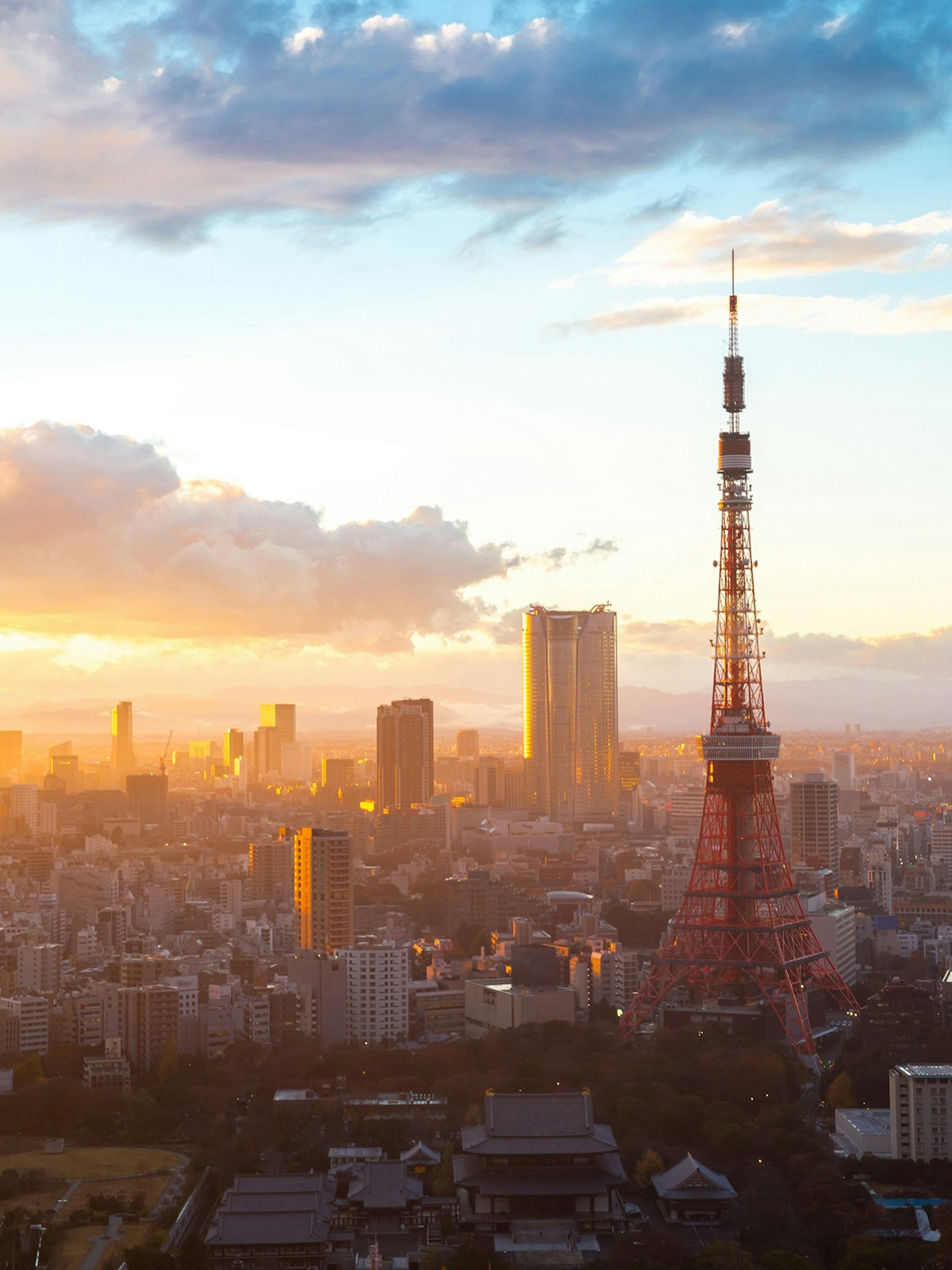 Aerial view of the Tokyo Tower cityscape sunset at dusk in Japan.
