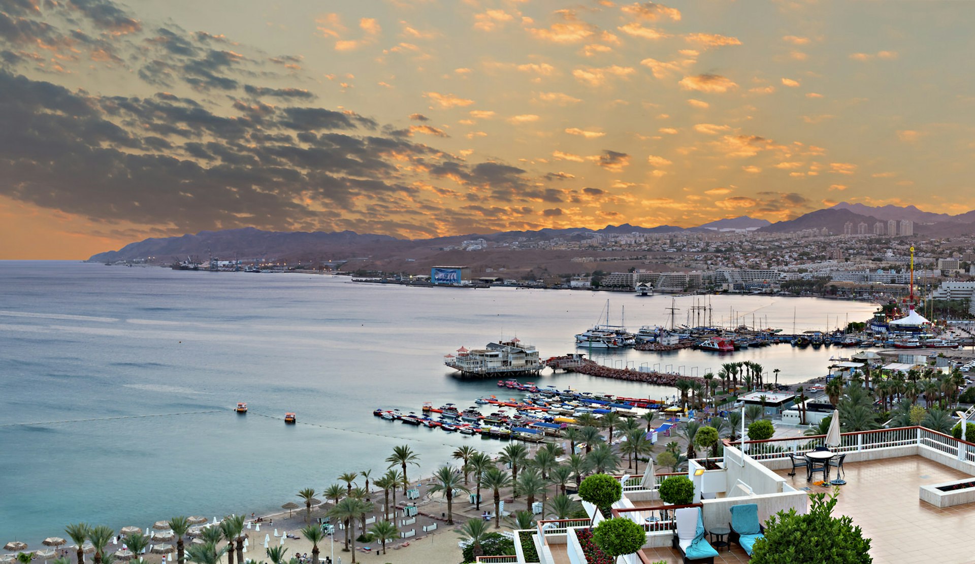 Bird's eye view the Red sea and Eilat at sunset. Image by gorsh13 / Getty Images