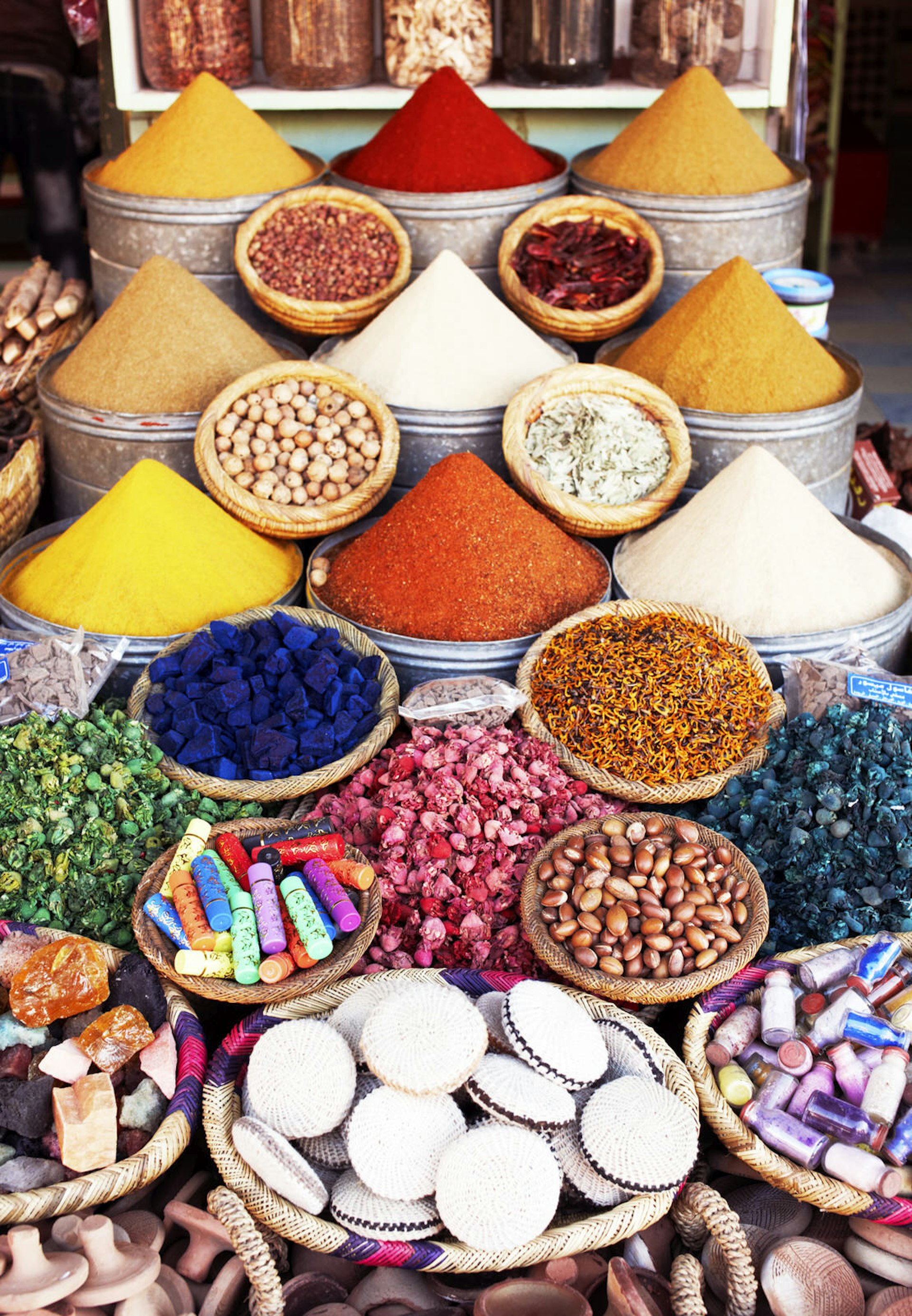 Display of various goods and spices in the market in Marrakesh, Morocco