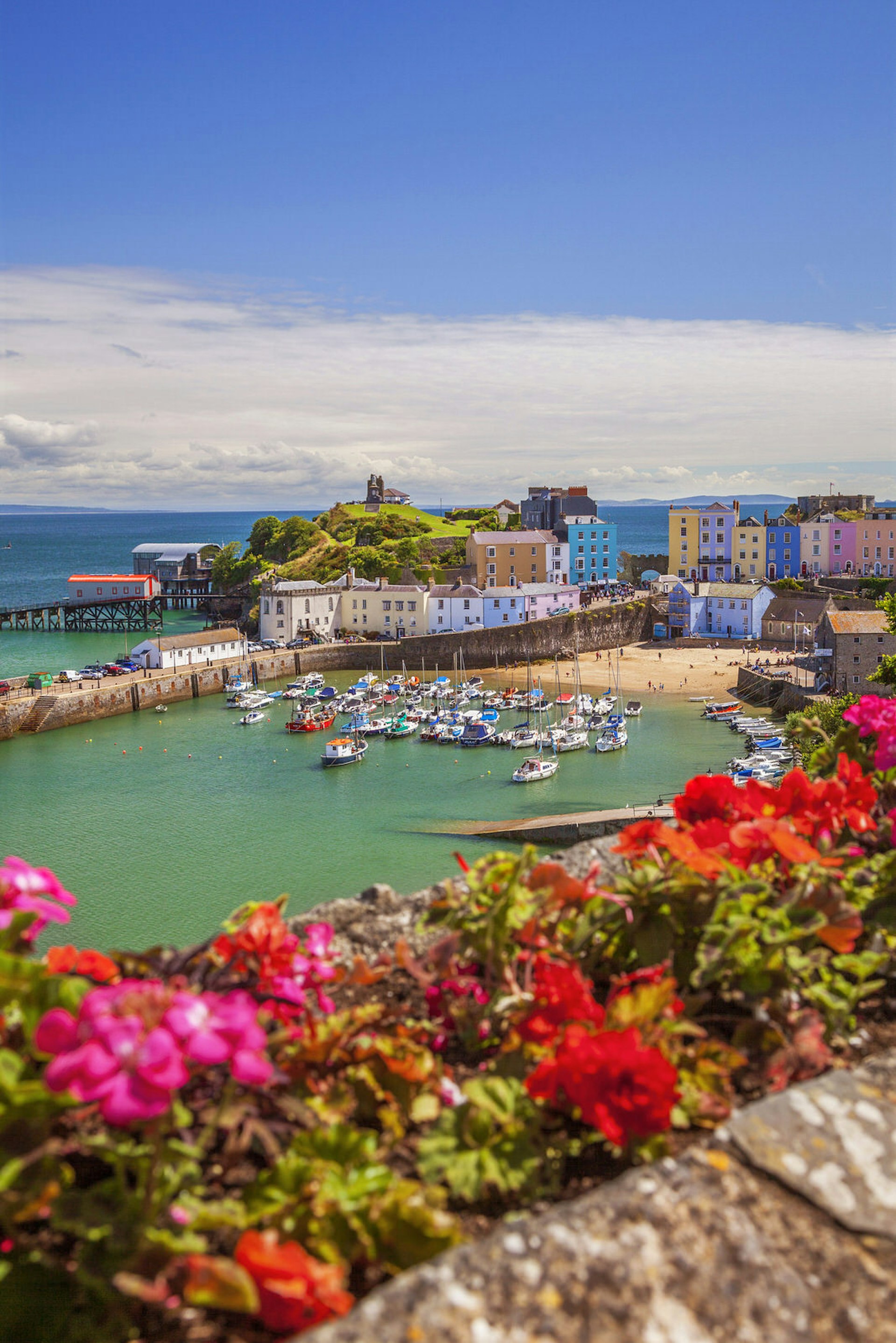 Bright flowers overlook the idyllic harbour and pastel houses of Tenby, in Pembrokeshire © Billy Stock / Shutterstock
