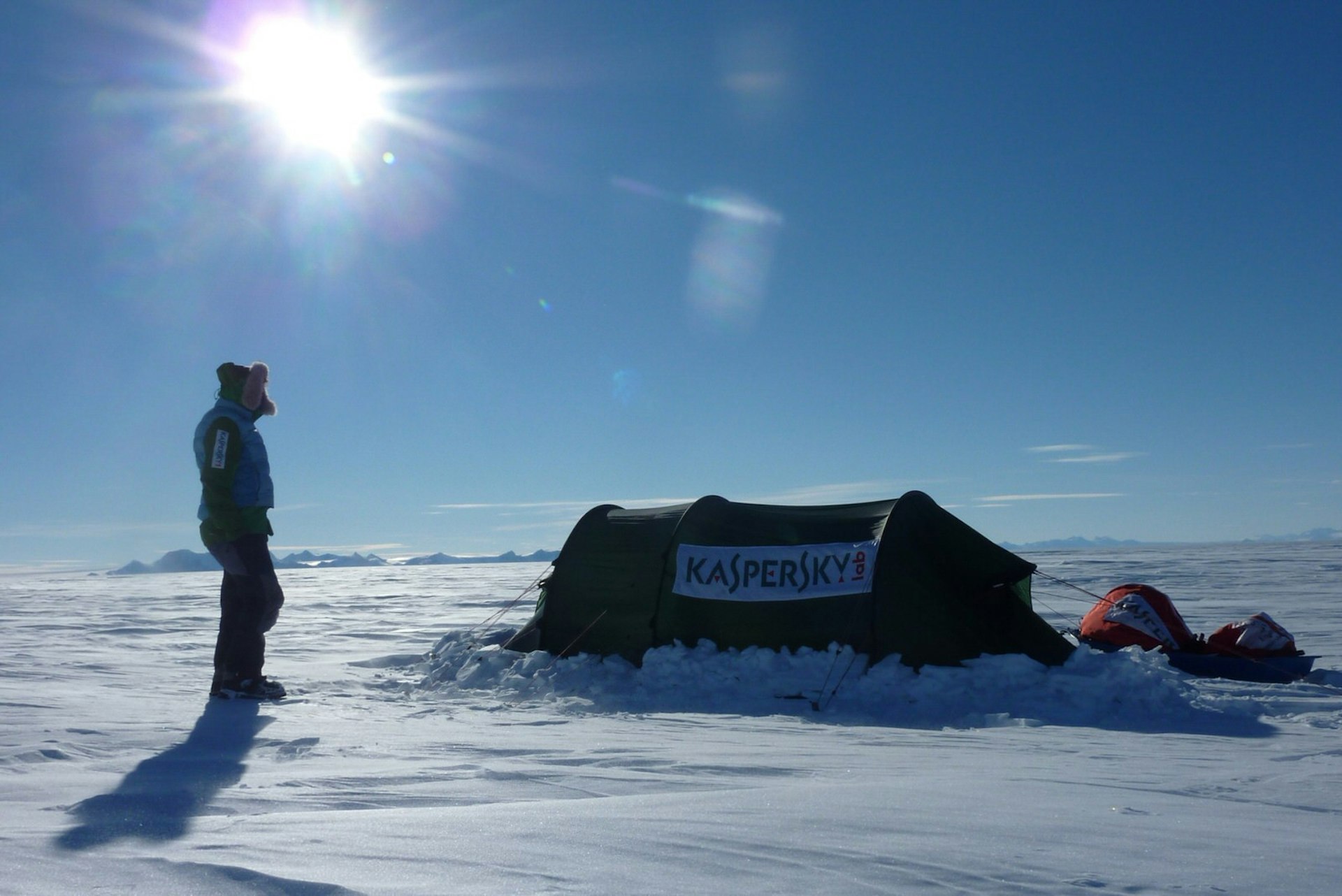 Felicity Aston poses by her tent in Antarctica 