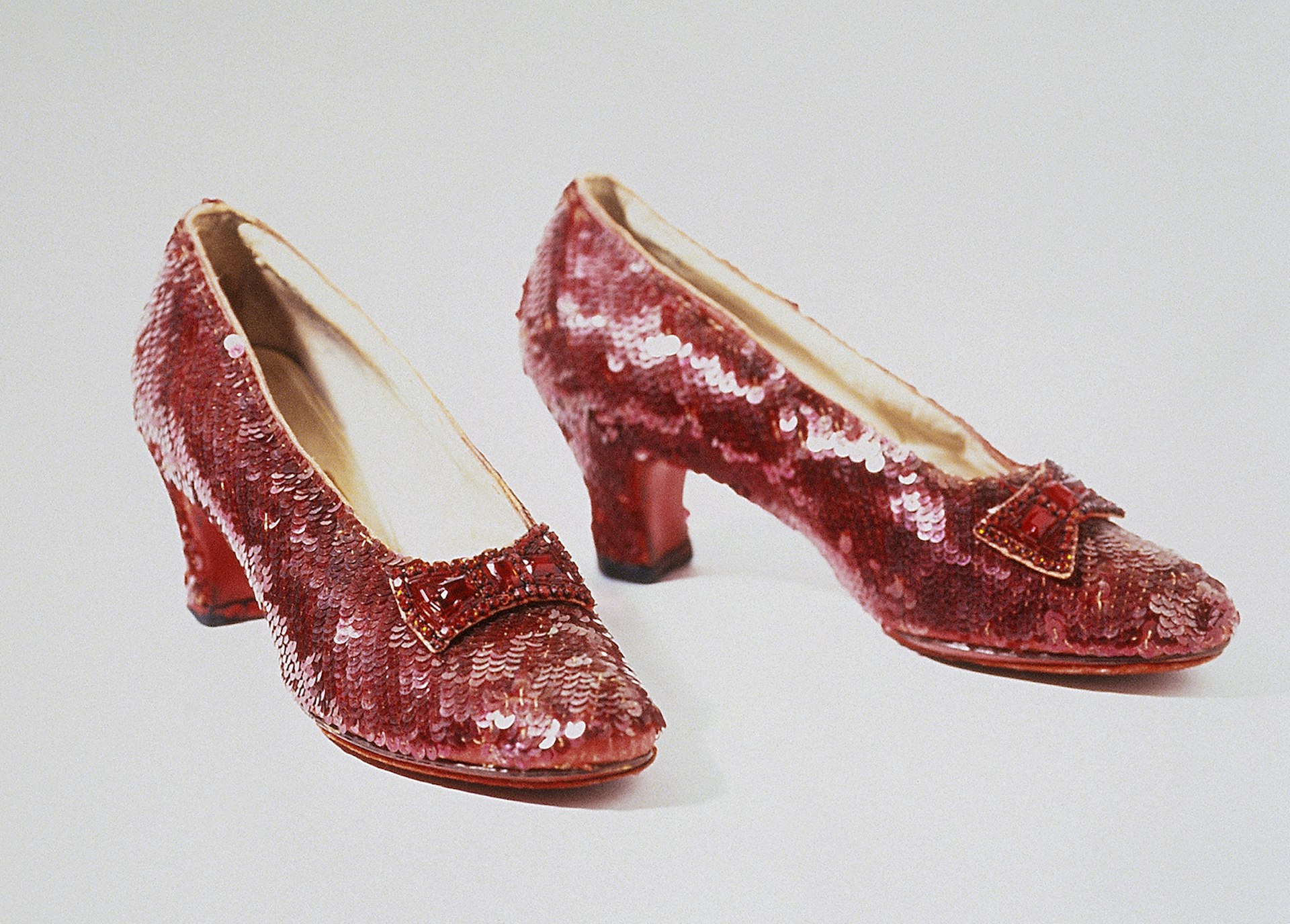 A pair of red sequined ruby slippers, worn by Dorothy in the Wizard of Oz