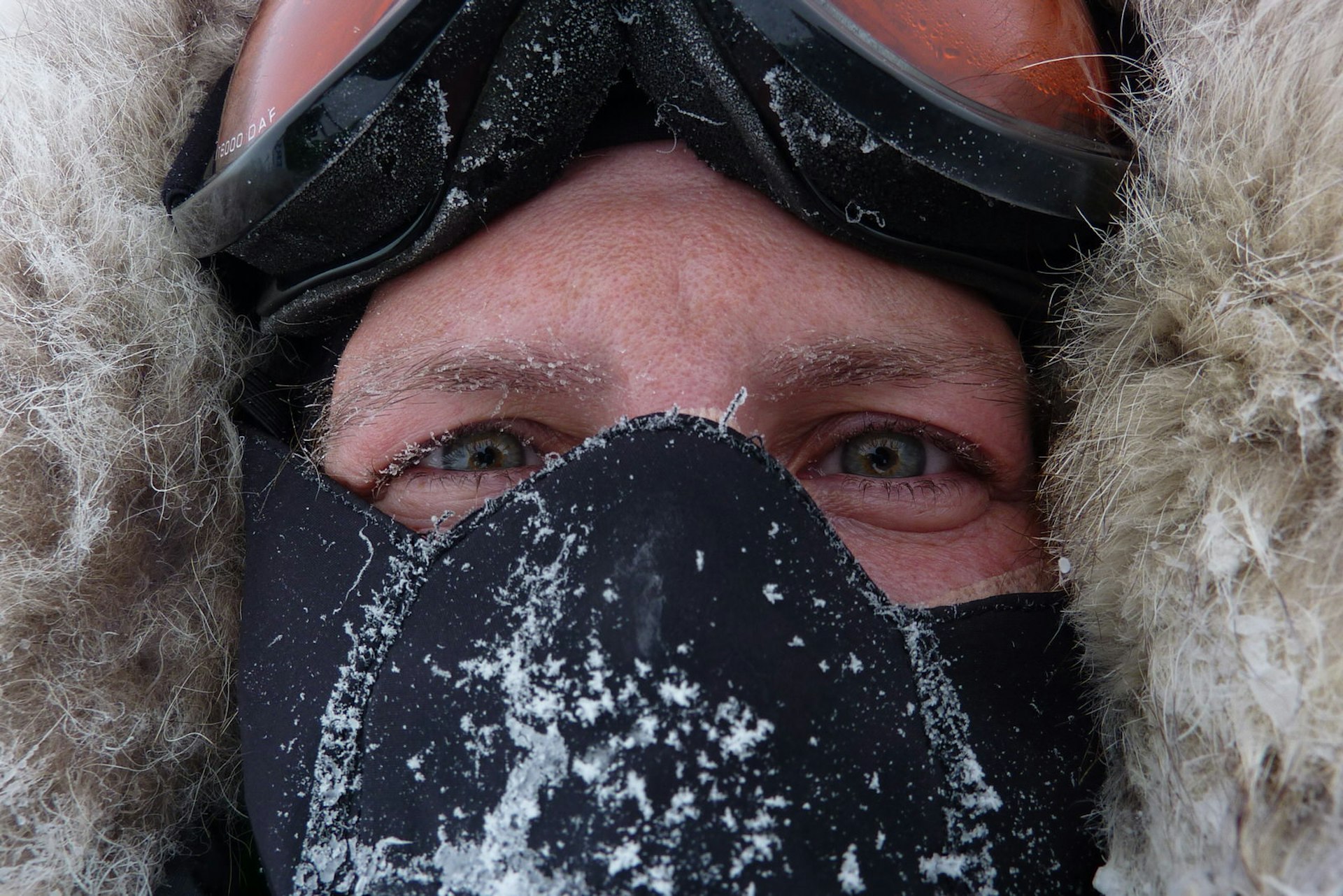 A close up facial shot of Felicity Aston, posing in a cold climate 