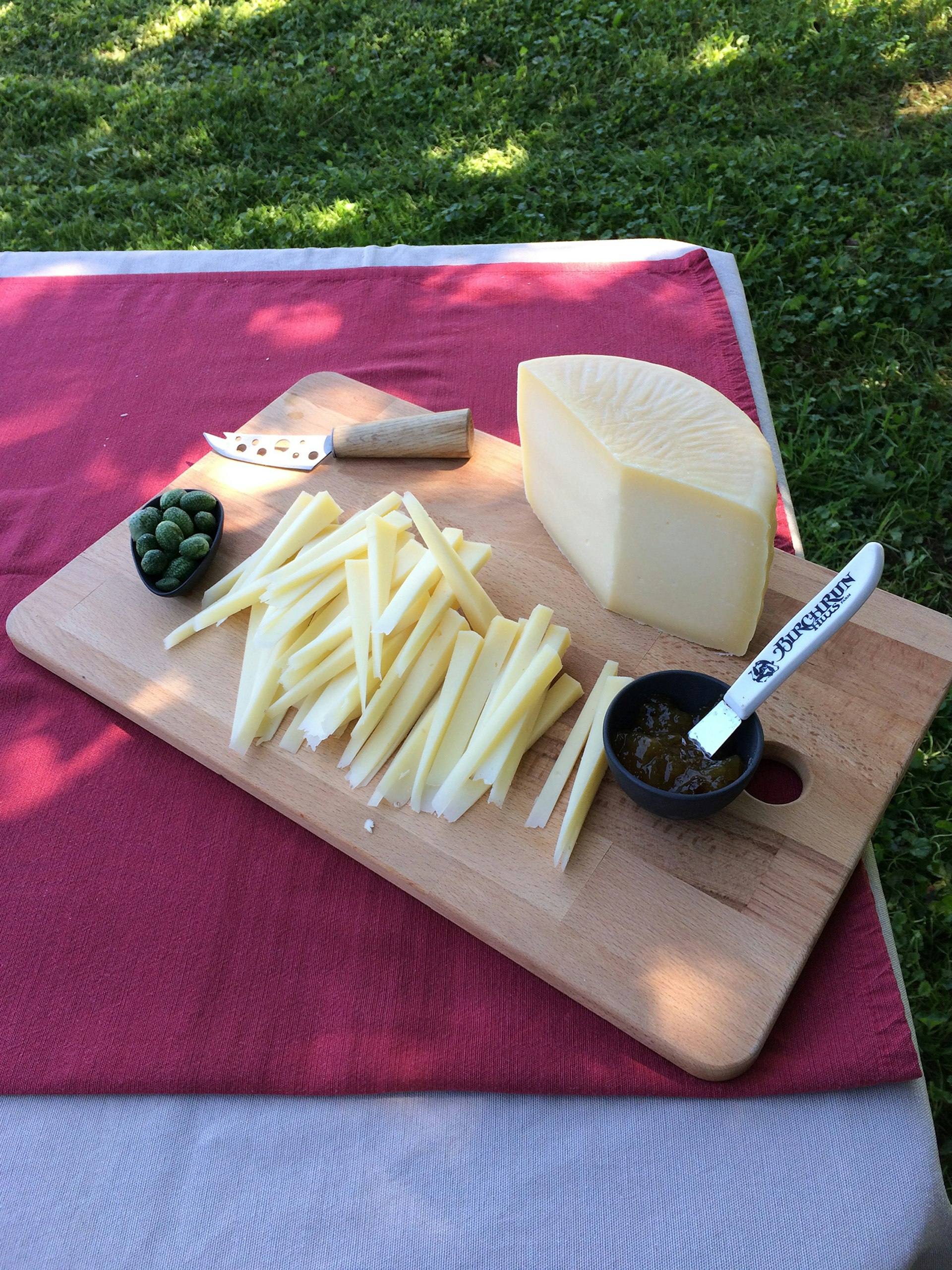 An inviting cheese plate sits on a picnic table on a sunny summer day