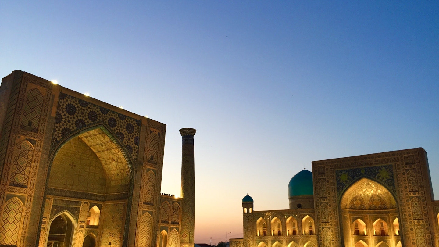 Samarkand's Registan Square at dusk © Megan Eaves / Lonely Planet