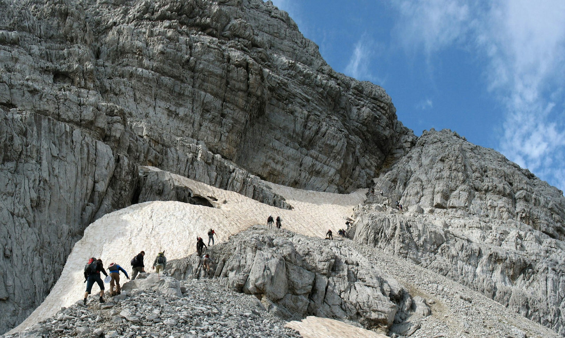 A group of hikers ascend a rocky mountain in Albania.