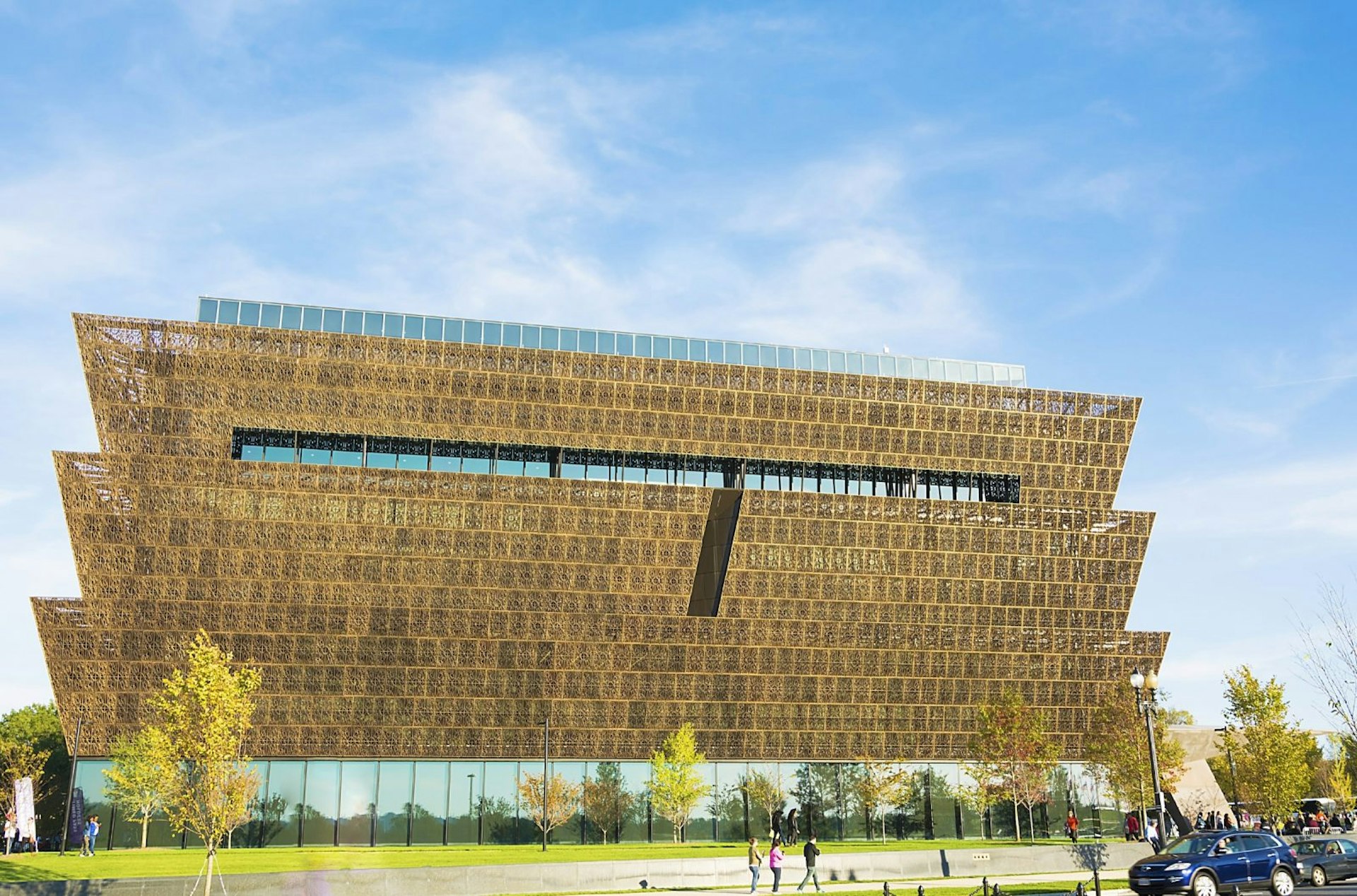 the modern gold facade of the Smithsonian National Museum of African American History and Culture in Washington, DC