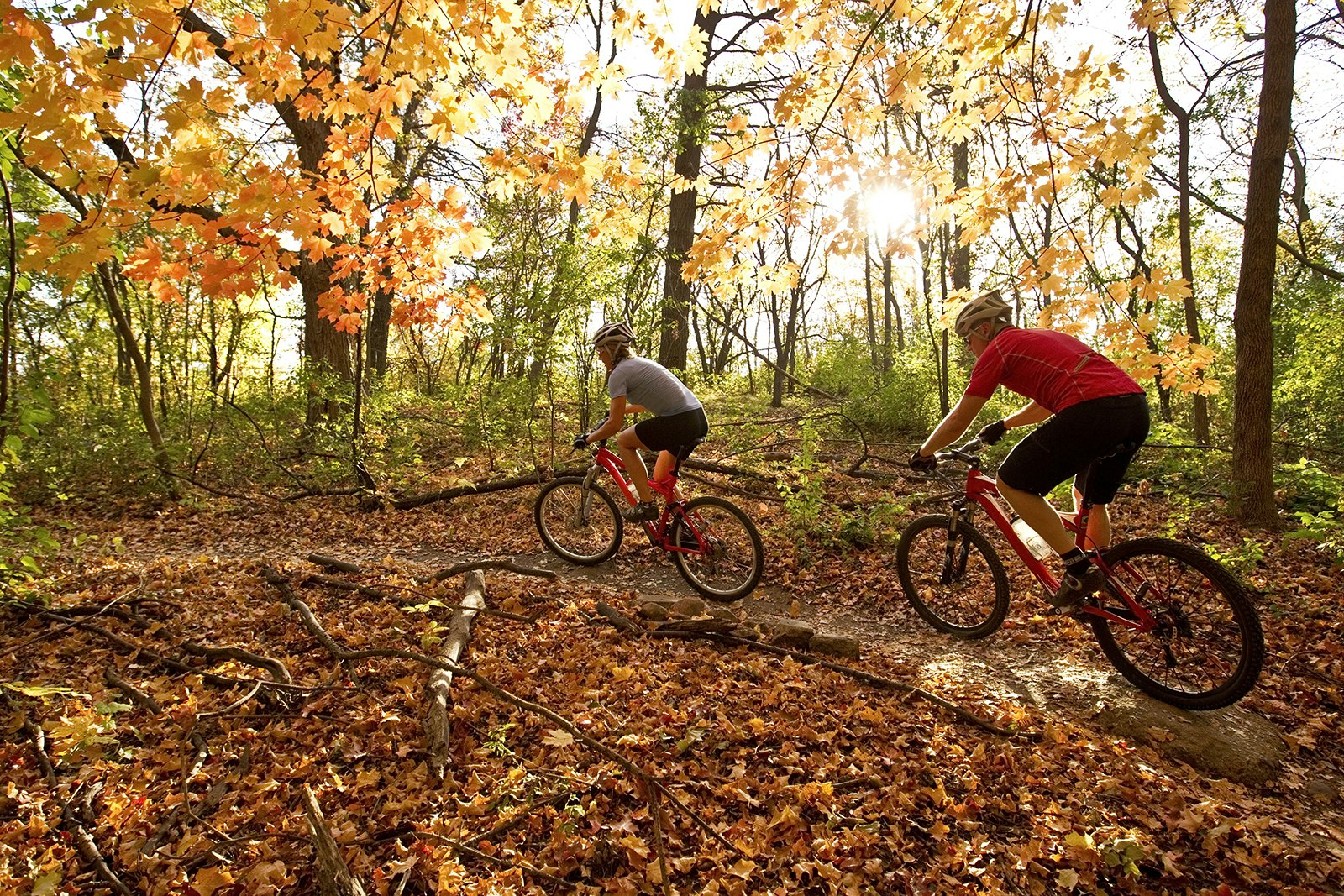 A couple mountain biking on a forest trail in Minneapolis