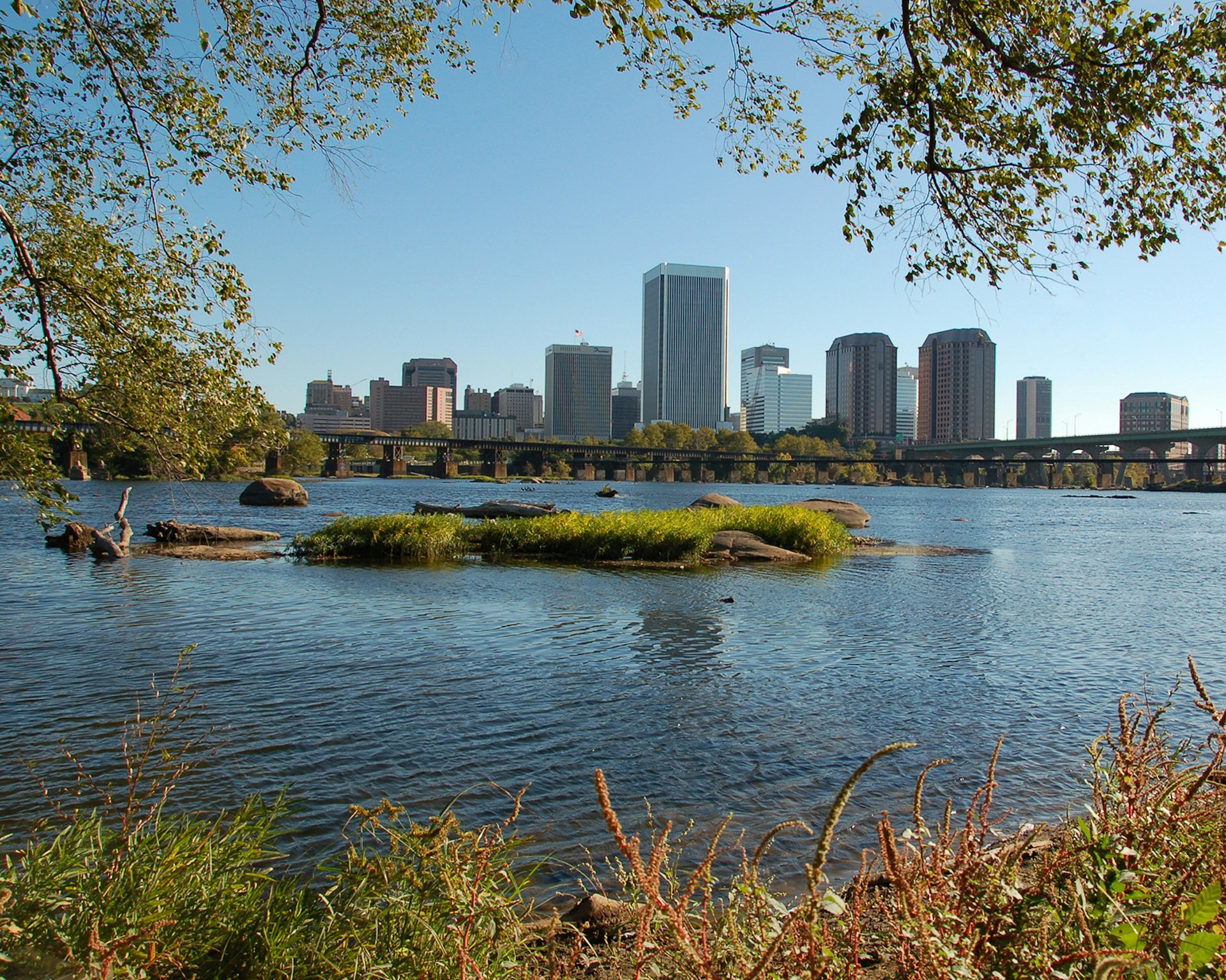 view of the Richmond skyline from Belle Isle, in the middle of the James River