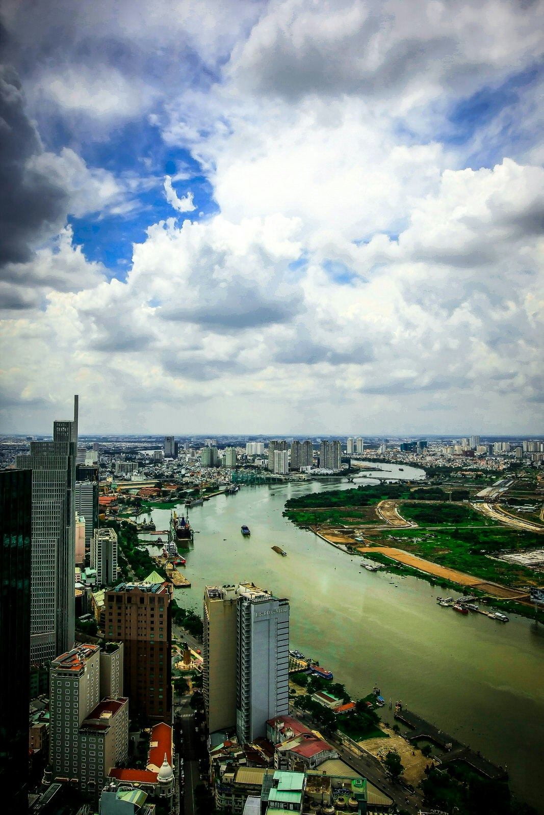 View from above of Saigon River winding through Ho Chi Minh City