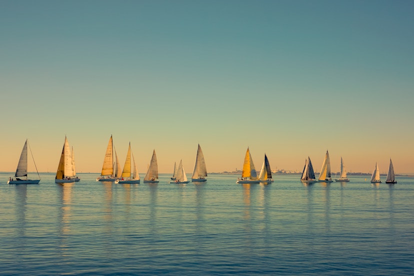 Sailboats scattered on the ocean, seen from The Pier in Geelong, Australia