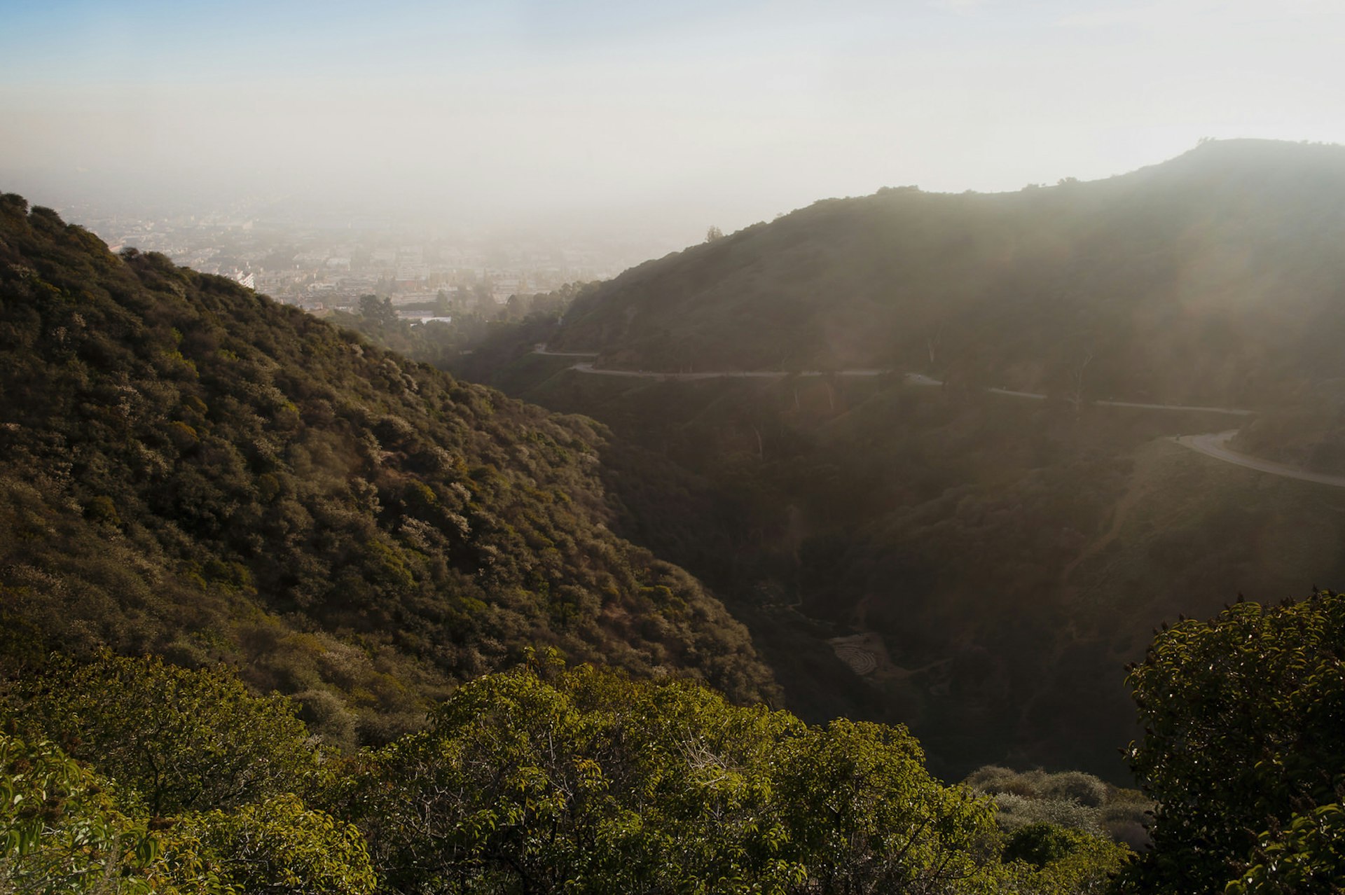 Aerial view of a rural mountain road in Runyon Canyon near Los Angeles