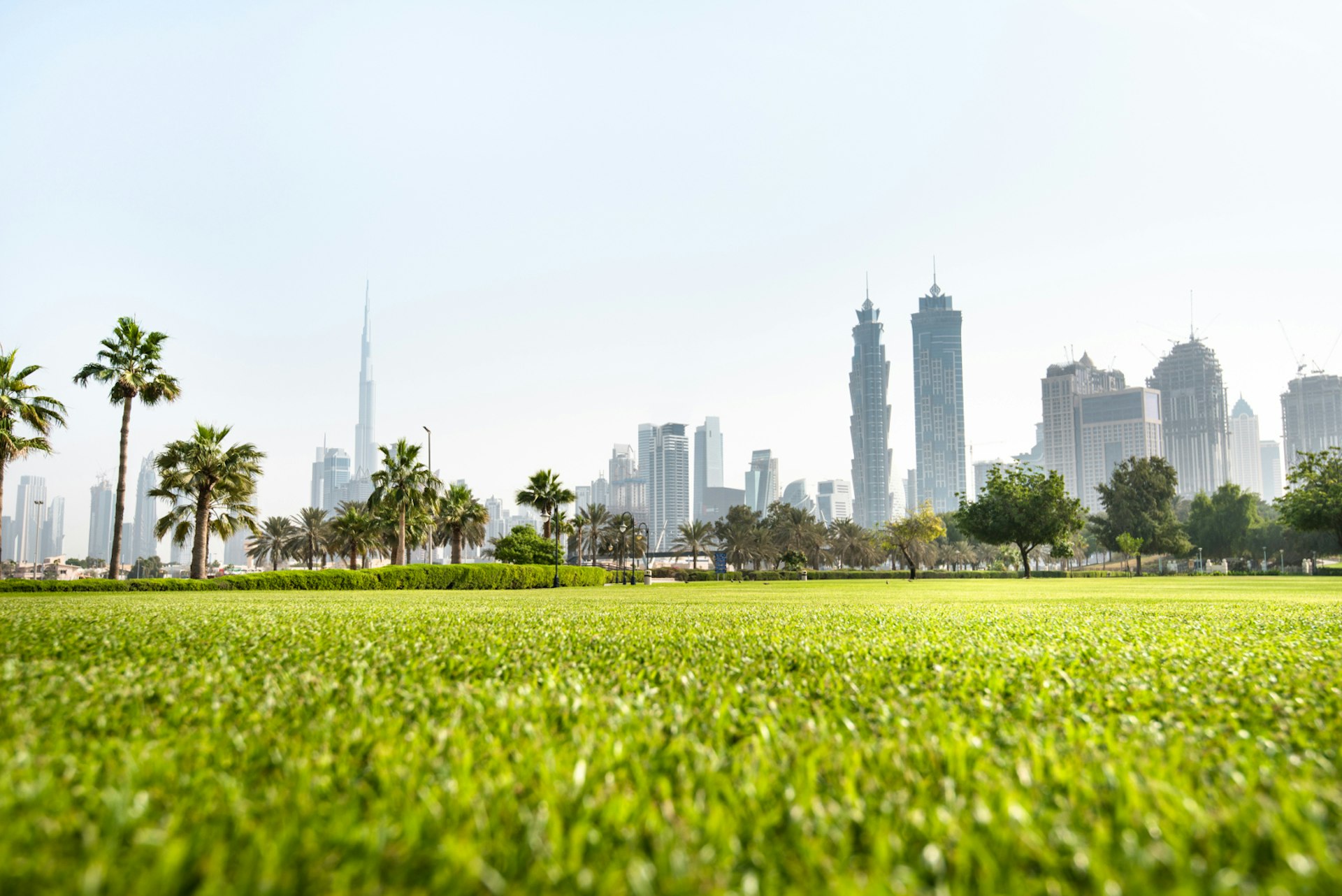 Green park with Dubai's downtown skyline in the background