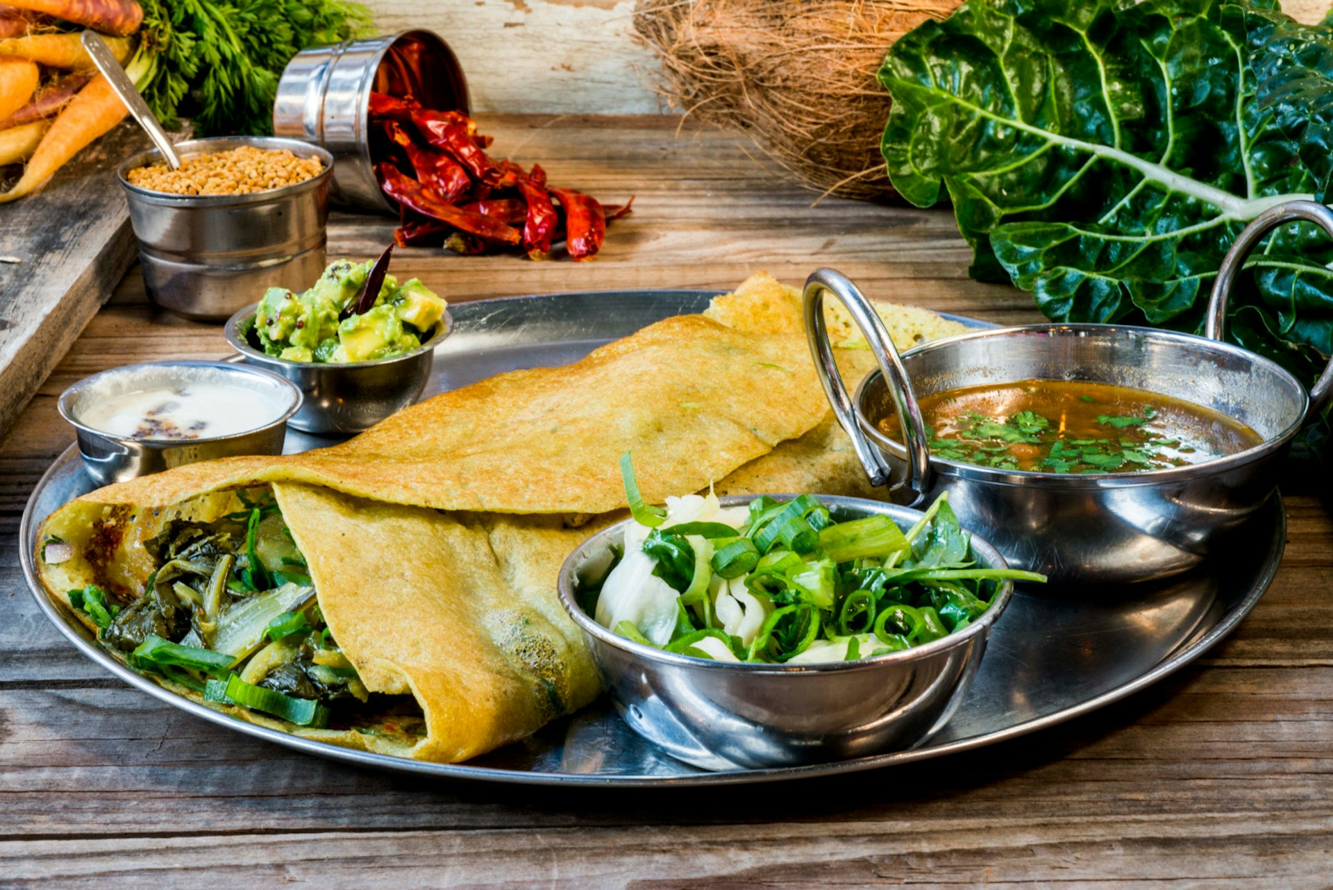 Platter with a vegetarian Indian pancake at Dosa Bar in Tel Aviv. Image by Dosa Bar