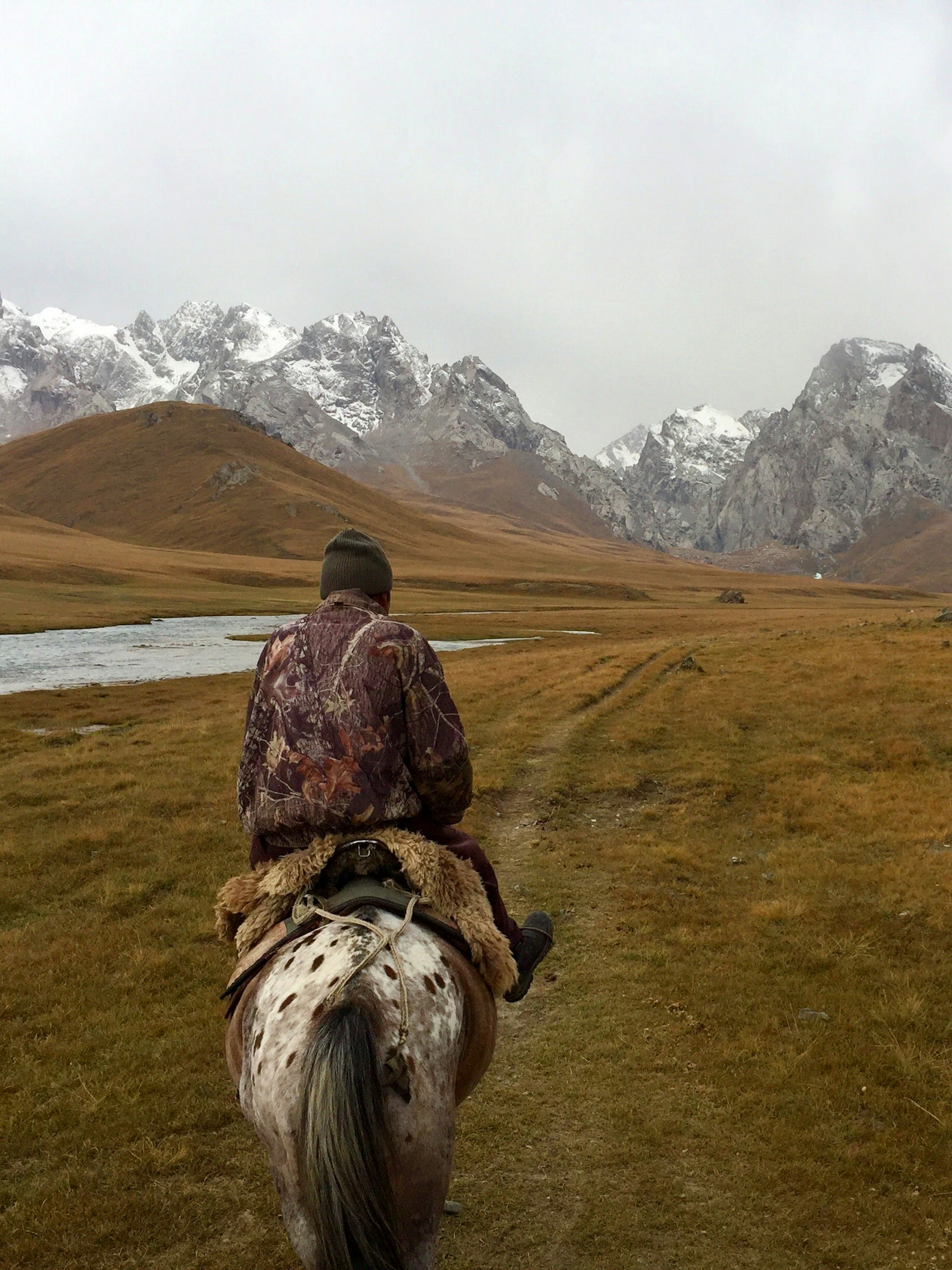 A man in a purple jacket riding a white and brown horse up a brown valley towards rocky mountains covered in snow © Megan Eaves / Lonely Planet