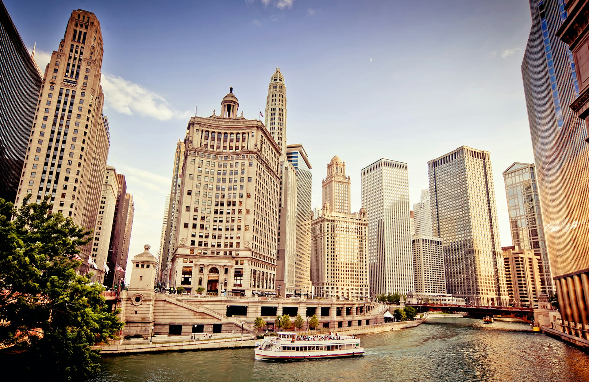 view of towering Chicago skyscrapers from the Chicago River