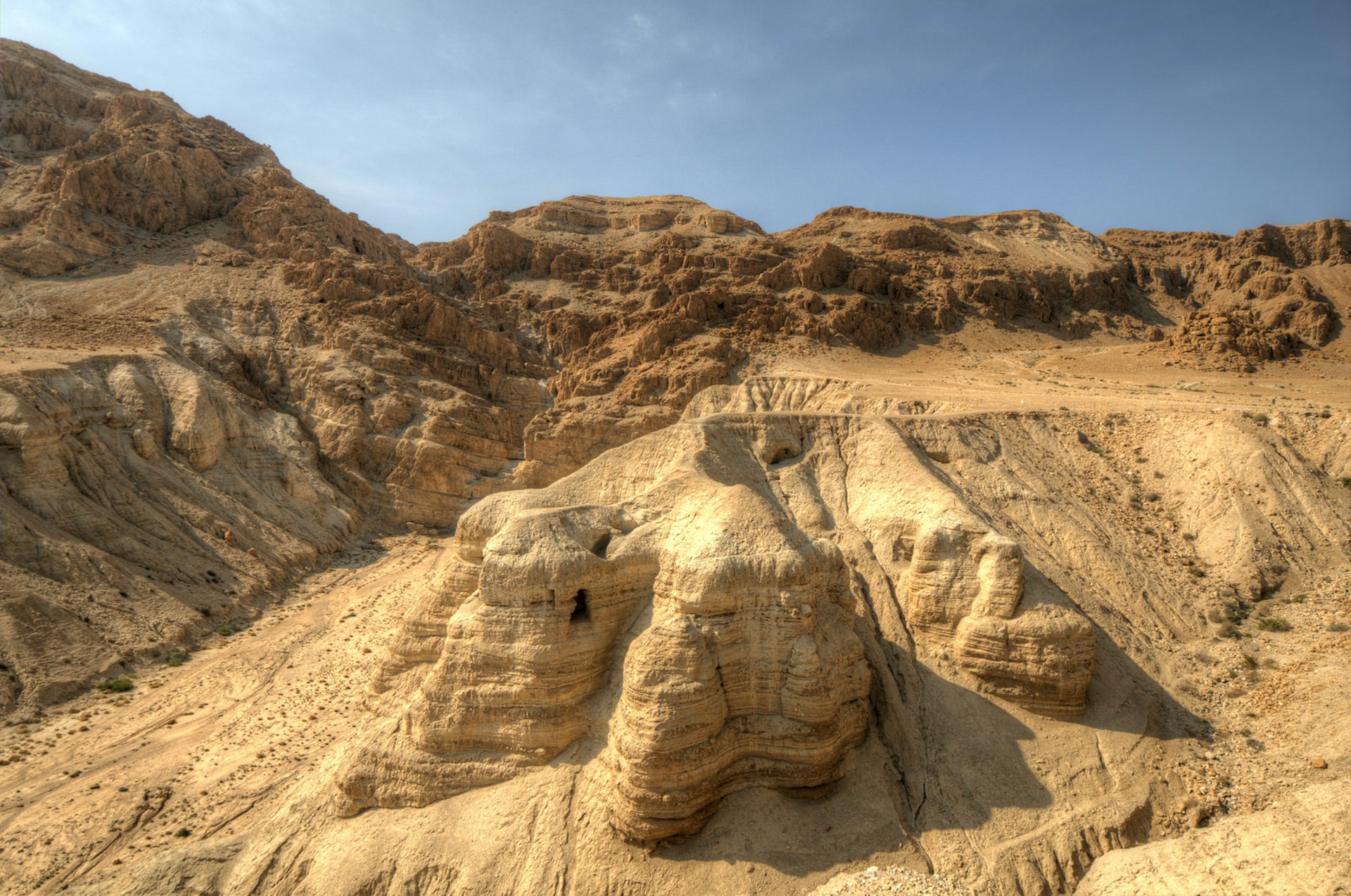 Cave of the Dead Sea Scrolls, known as Qumran cave 4, in the desert of Israel