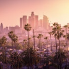 Beautiful sunset of Los Angeles downtown skyline and palm trees in foreground © iStock / Getty Images