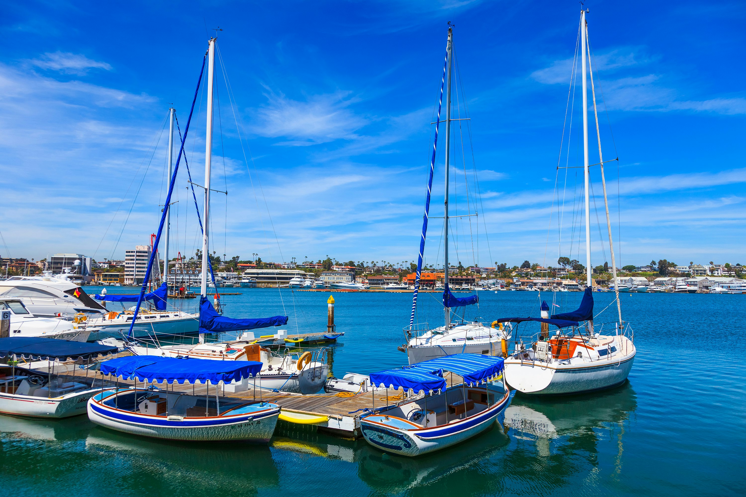 Features - Sail boats moored at Newport Beach, CA