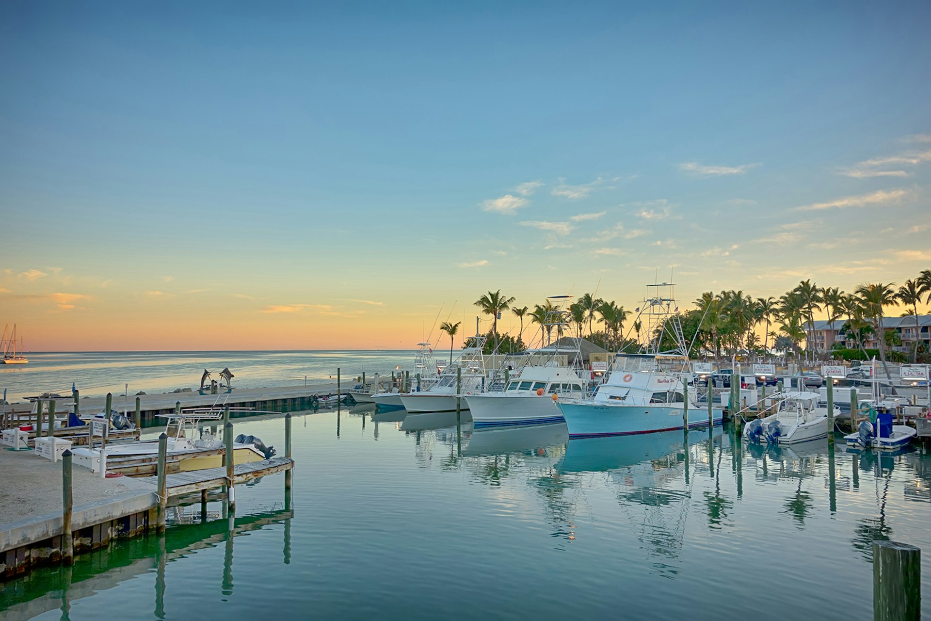 fishing boats in the harbor of the Florida Keys with palm trees and a sunset on the horizon