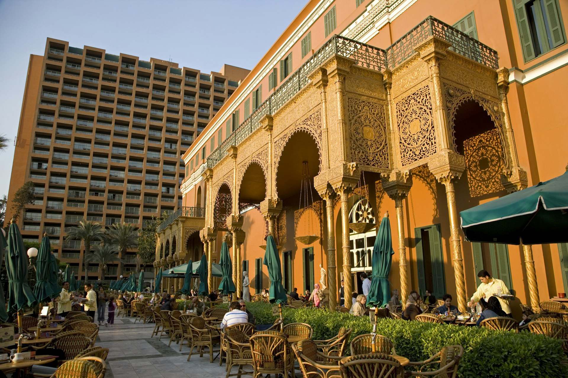The luxurious Marriott Hotel in Cairo. Standing in the fashionable district of Zamalek, it is built around the lavish 19th century Gezira Palace, built for the opening of the Suez Canal. Image by Julian Love / Getty Images