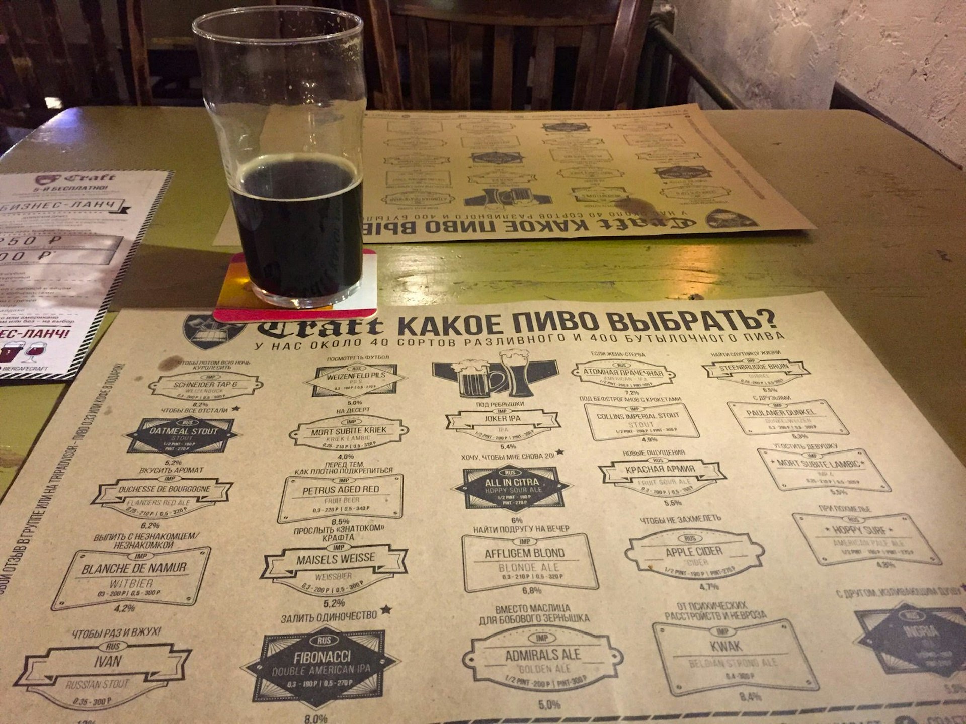 A paper menu full of Russian-language beers, with a dark porter in a pint glass at Craft Pub in St Petersburg © Megan Eaves / Lonely Planet 