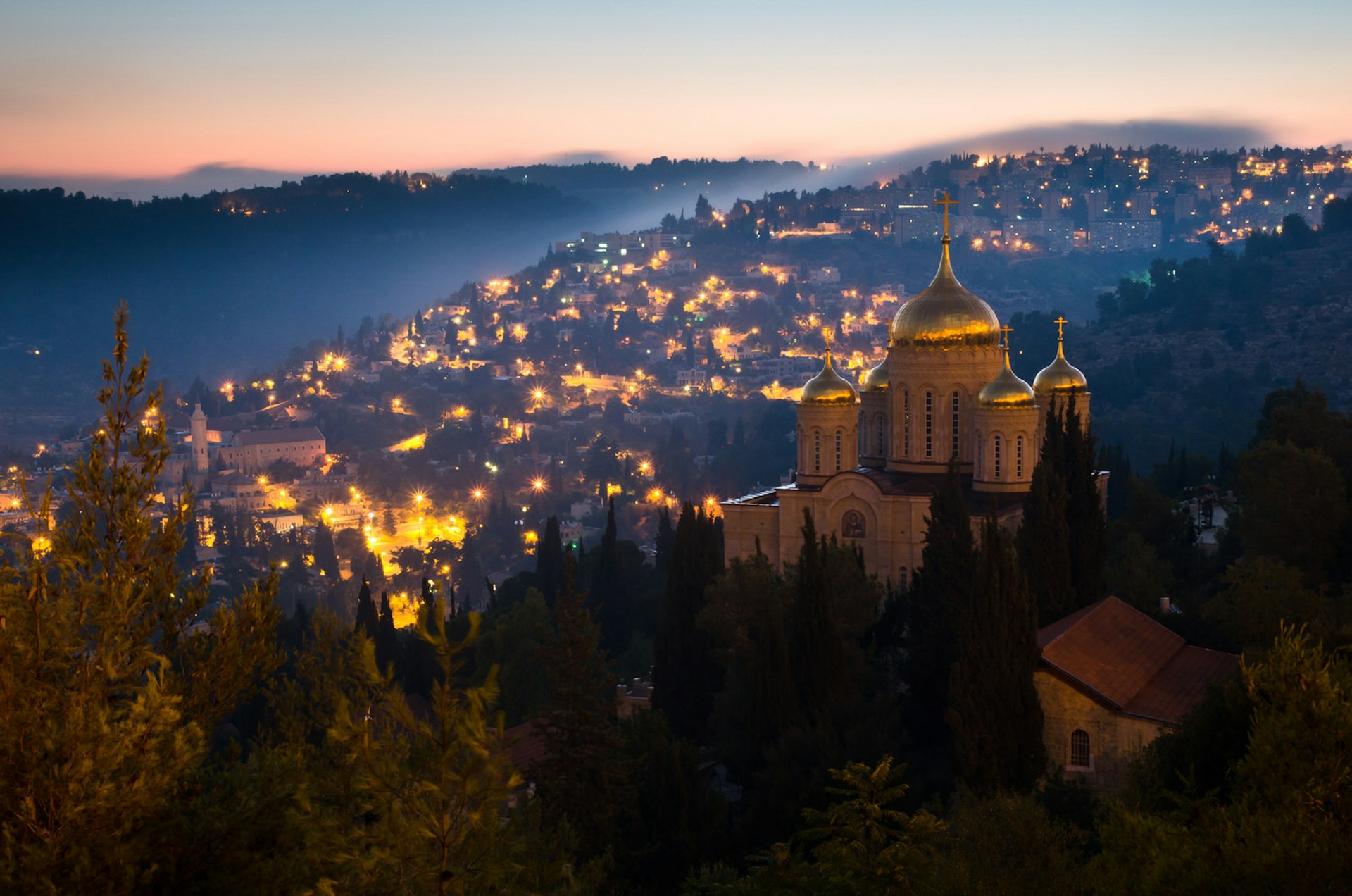 Russian Gorny Monastery at night in Ein Kerem district of Jerusalem. Image by Ilan Shacham / Getty Images