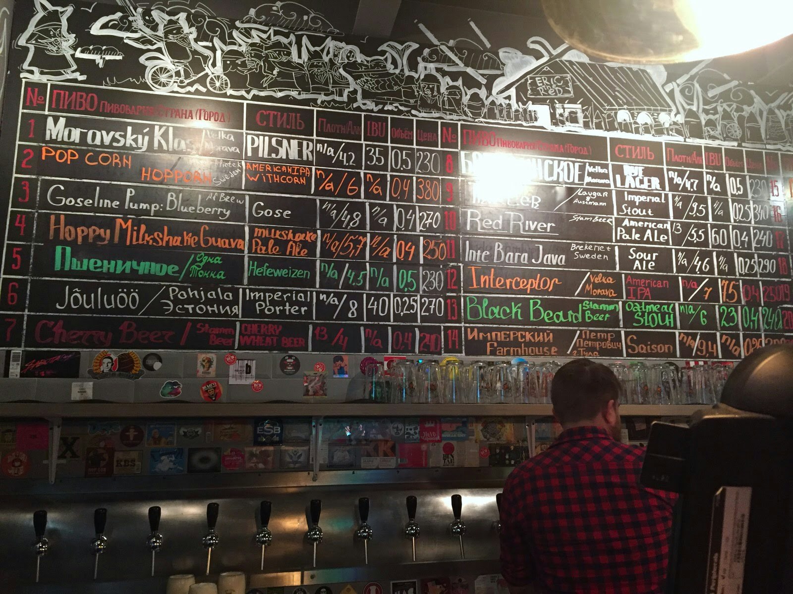 A colourful chalkboard beer menu on the wall above a man pouring beer behind a bar at Eric the Red in Moscow © Megan Eaves / Lonely Planet