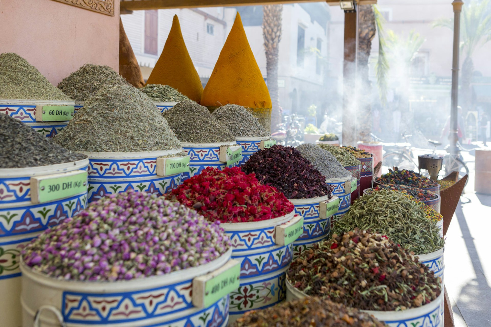 Stacks of spices and teas in the medina in Marrakesh, Morocco