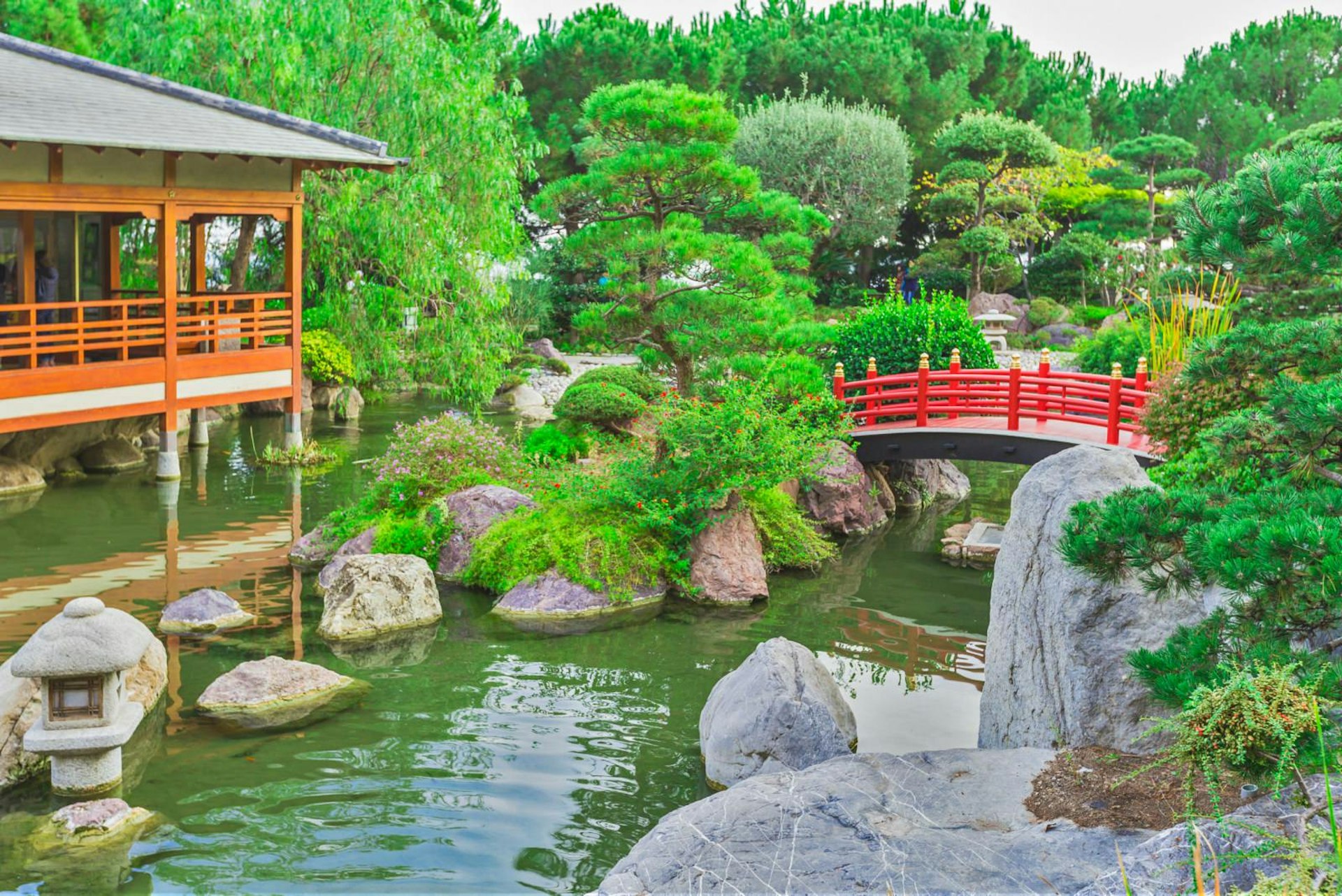 The Japanese Garden in Monaco with a Shinto tea house and red arched bridge