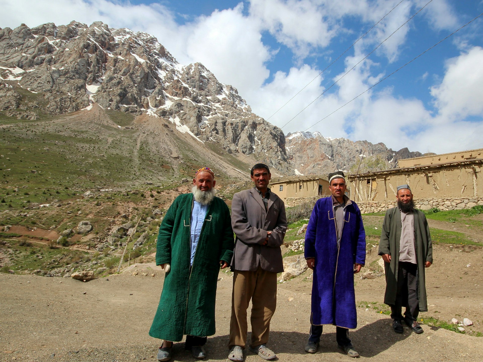 A group of village men with beards and wearing colourful long cloaks stand in front of a mud house next mountain peaks. Villagers invite the author to tea in a hamlet above the village of Marzugor © Stephen Lioy / Lonely Planet