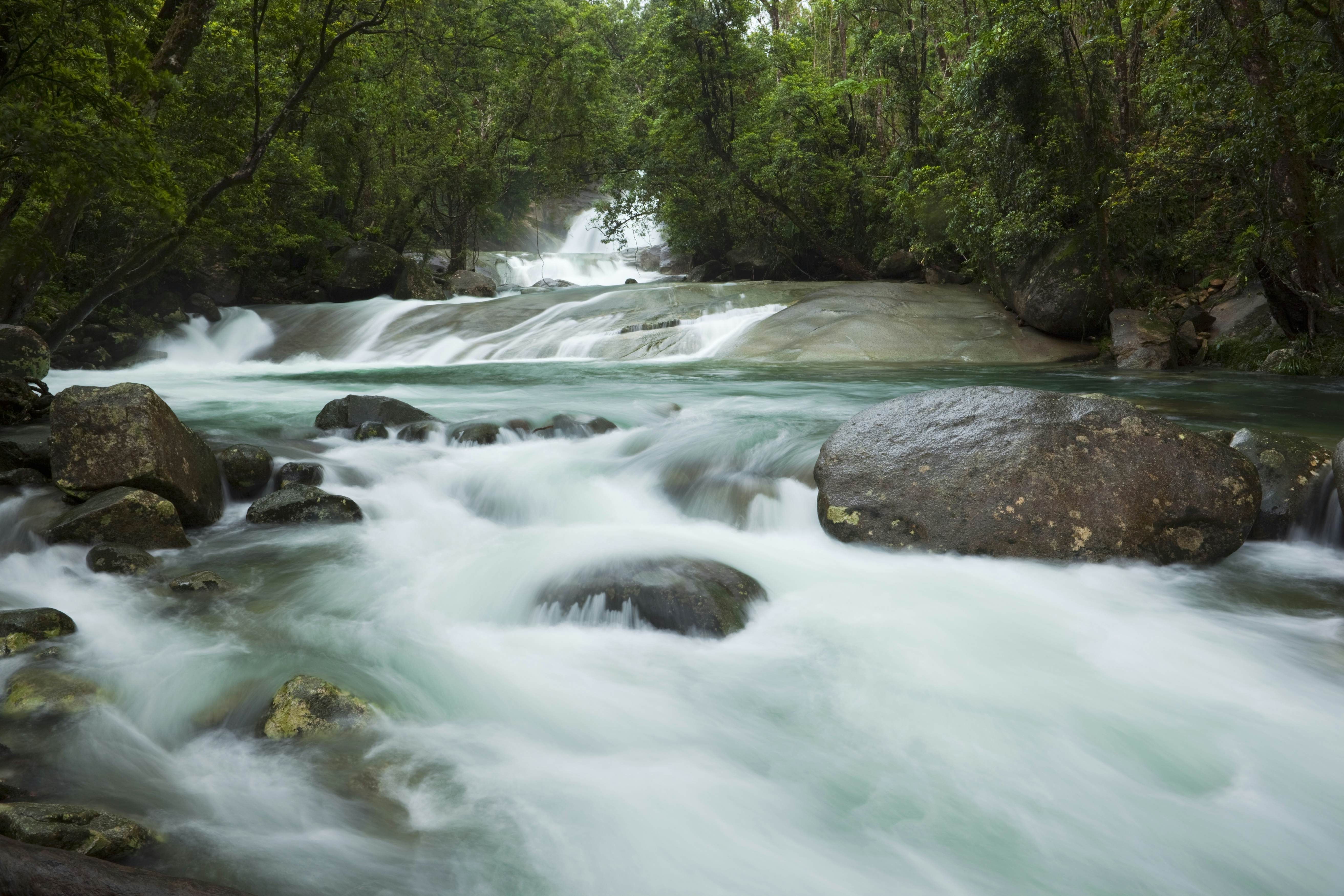 A long exposure shot of Josephine Falls at Wooroonooran National Park, Far North Queensland. Water rushes over the rocks, surrounded by a lush green forest